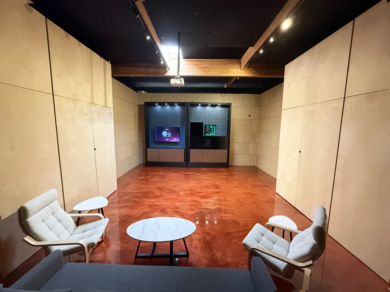 Company transforming enclosure closed behind cabinetry