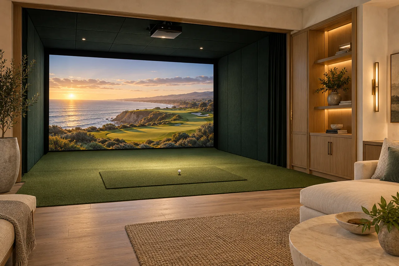 Concept of a custom home golf simulator with warm oak cabinetry and a coastal course on the screen